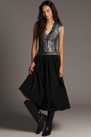 Pilcro Sleeveless V-Neck Foil Twofer Midi Dress