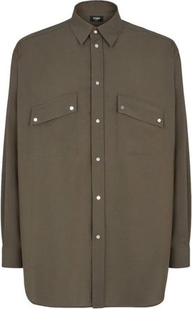 Fendi Wollen overhemd met logo-knopen - Heren - Casual Overhemden - Groen - M - Wol - Overhemden