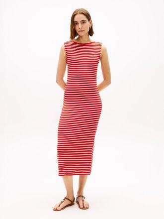 Tommy Hilfiger Womens Slim Fit Stripe Boatneck Midi Dress - Red - XXS