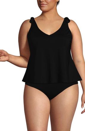 Lands End Plus Size Tie Shoulder Flutter Tankini Top in Black at Nordstrom, Size 16W
