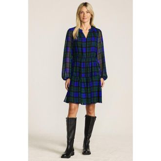 Lands End Chiffon Above the Knee Adjustable Dress in Cobalt Blackwatch Plaid at Nordstrom, Size X-Small