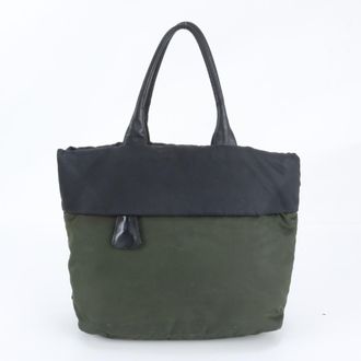 Prada Green Khaki Leather Nylon Shoulder Bag Tote Bag (Pre-Owned)
