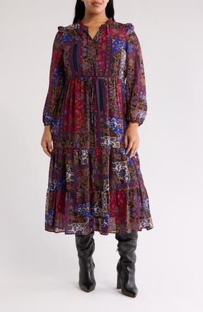 Julia Jordan Long Sleeve Ruffle Dress in Black Multi at Nordstrom Rack, Size 14W