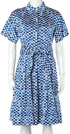 Carolina Herrera Blue Logo Grid Print Cotton Belted Dress