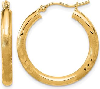 Diamond2Deal 14k Gold Satin & Diamond-cut 3x25mm Round Hoop Earrings