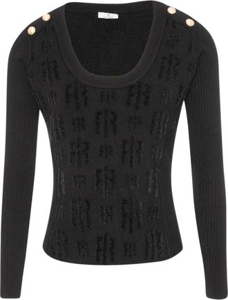Fracomina Slim Monogram Knit met Juweelknopen - Dames - Ronde hals truien - Zwart - M - Polyester - Truien & Vesten