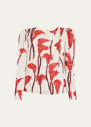 Carolina Herrera Cala Lily Crepe Draped-Sleeve Blouse