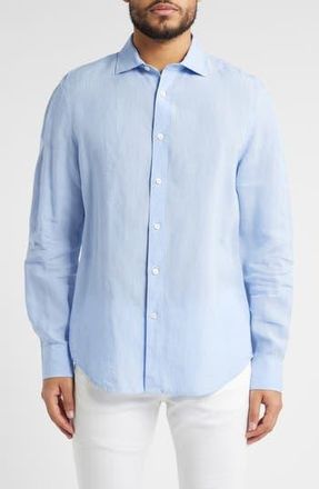 Bugatchi Axel Shaped Fit Linen Button-Up Shirt in Sky at Nordstrom Rack, Size Xxx-Large