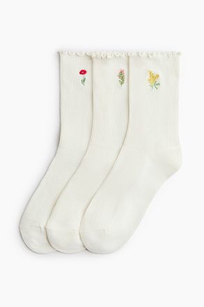 H&M 3er-Pack Socken mit Overlockdetail - Weiss/Blumen