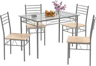 Costway Costway - Conjunto Mesa Y Sillas Comedor, 1 Mesa Rectangular De Vidrio Y 4 Sillas, Mesa Cocina Con Sillas, Estructura Met&aacute;lica, Cocina Comedor Sal&oacute;n, 