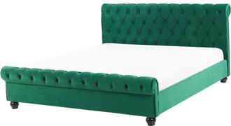 Beliani Cama Doble Tapizada En Terciopelo Verde 160 X 200 Cm Con Cabecero Acolchado Estilo Glam Avallon