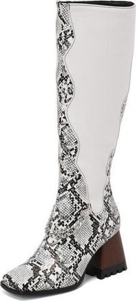 Generic Womens Chain Decor Knee High Boots Contrast Wave Panel Square Toe Chunky Heel Cushioned Insole Non-Slip Outsole Party Daily Evening Shoes,Snake Patter