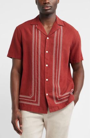 Nordstrom Frame Embroidered Short Sleeve Linen Blend Button-Up Shirt in Red Brick Framed Border at Nordstrom, Size Xx-Large