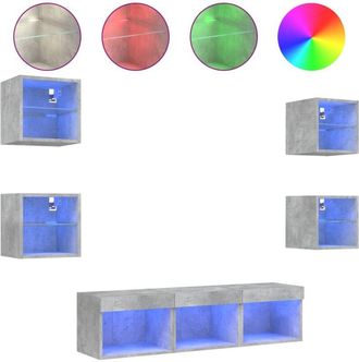 vidaXL Vidaxl - Muebles Tv Pared Con Led 7 Pzas Madera Ingenier&iacute;a Gris Hormig&oacute;n