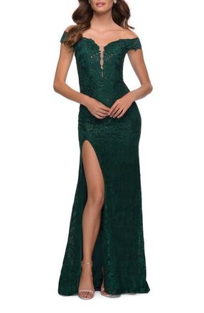 La Femme Lace Off the Shoulder Gown with Deep V Neckline in Emerald at Nordstrom, Size 16