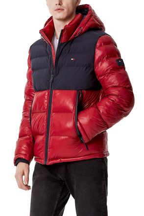 Tommy Hilfiger Mens Hooded Puffer Jacket Down Alternative Outerwear Coat, Navy/Red Two Tone, XXL
