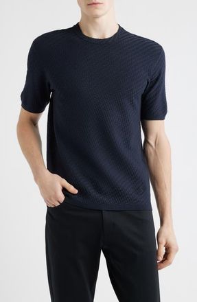 Emporio Armani Short Sleeve Basket Stitch Sweater in Solid Blue Navy at Nordstrom, Size Xx-Large