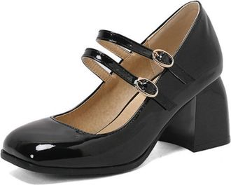 Generic Womens Square-Toe Platform Heels - Double Buckle Strap Chunky Heel Pumps for Spring Autumn Work & Daily Wear,Black,7.5 UK