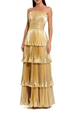 Mac Duggal Petite Strapless Metallic Pleated Tiered Gown in Gold at Nordstrom, Size 6P