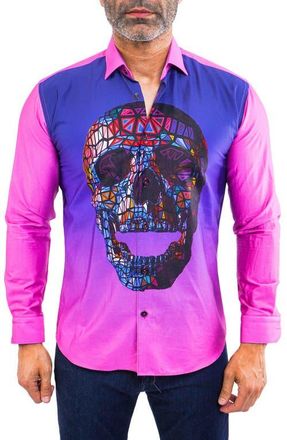 Maceoo Fibonacci Regular Fit Skull Print Cotton Button-Up Shirt in Pink at Nordstrom, Size 6