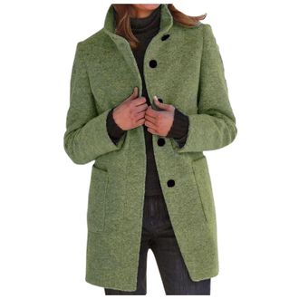 Generic Women Woolen Coat Blend Stand Collar Single Breasted Pea Coats ladies Slim Fit Jackets Solid Color Mid Long Length Outwear With Pockets For Autum Wint