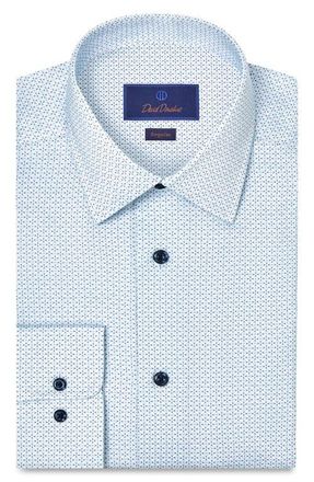 David Donahue Regular Fit Geometric Print Cotton Dress Shirt in White/Blue at Nordstrom, Size 15.5 - 32
