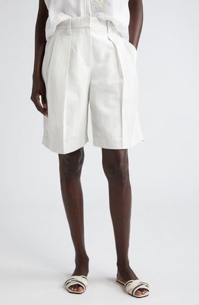 Brunello Cucinelli Pleated Cotton & Linen Bermuda Shorts in C455 Chalk at Nordstrom, Size 10 Us