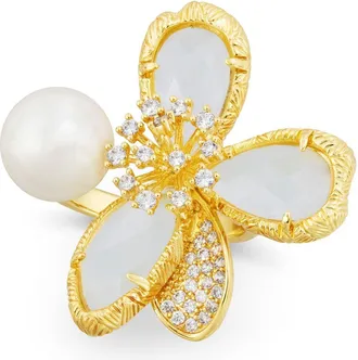 Savvy Cie Jewels GOLD PLATED OVER BRASS LARGE FLOWER CRYSTAL-WHITE CZ AND PEARL RING