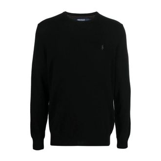 Polo Ralph Lauren Round-neck Knitwear, male, Black, Size: XL Black Wool Sweater with Embroidered Logo