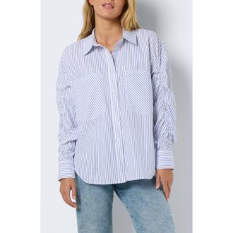 Noisy May Jada Stripe Cotton Blend Button-Up Shirt in Bright White Stripes at Nordstrom Rack, Size X-Small
