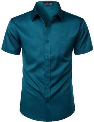 PARKLEES Mens Casual Urban Stylish Slim Fit Short Sleeve Button Up Dress Shirt with Pocket EU-ZLSC15 Teal XXX-Large