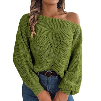 Generic vejtmcc Womens Knitted Jumper Curved Hem Sweatshirt Knitted Jumper One Shoulder Long Sleeve Hole Pattern Fine Knit Shoulderless Jumper Tops, Casual Kn