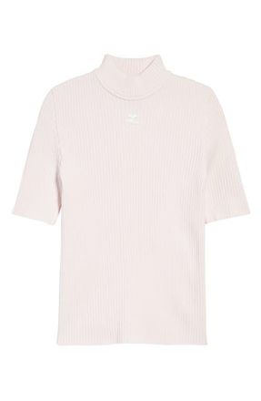 Courrèges Embroidered Logo Mock Neck Rib Sweater in Pale Pink at Nordstrom, Size Xx-Large