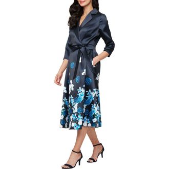 Alex Evenings Placement Print Faux Wrap Mikado Cocktail Dress in Navy Multi at Nordstrom Rack, Size 16