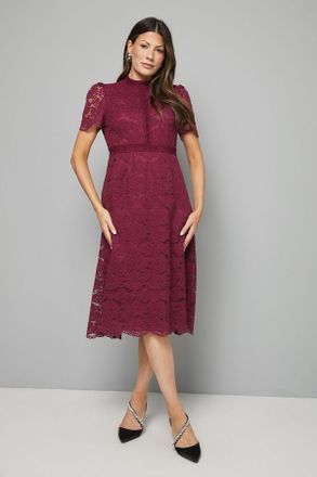 Wallis Womens High Neck Lace Fit And Flare Midi Dress - Purple Cotton - Size 14 UK
