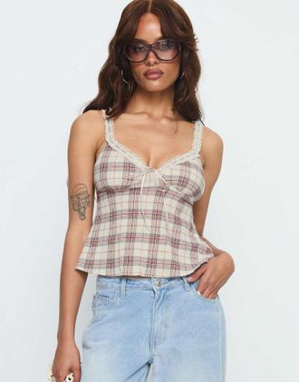 Princess Polly Pretty It Up - Canottiera color crema a quadri con finiture in pizzo e allacciatura sul davanti-Neutro