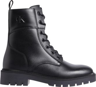 Calvin Klein Black Combat-Style Lace-Up Rubber Sole Leather Ankle Boots