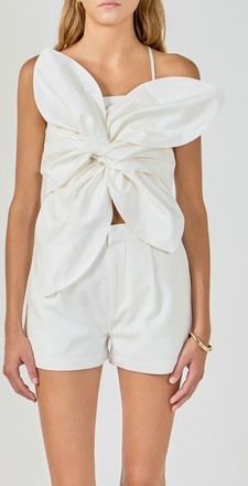 endless rose Floral Front Twist Crop Top in Off White at Nordstrom, Size X-Small