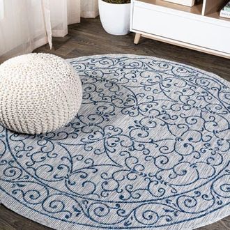 Jonathan Y Designs Charleston Vintage Filigree Textured Weave Indoor/Outdoor Round Area Rug in Gray/navy at Nordstrom, Size 5Ft 0In X 5Ft 0In
