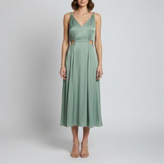 Maje Green Sateen Sleeveless Openwork Midi Dress