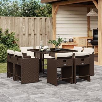 vidaXL Vidaxl - Set Comedor Para Jard&iacute;n 9 Pzas Y Cojines Rat&aacute;n Sint&eacute;tico Marr&oacute;n