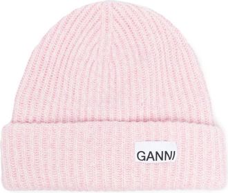 Ganni Light Pink Logo Wool Beanie