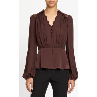 Santorelli Lana Long Sleeve Silk Ruffle Top in Raisin at Nordstrom, Size 12