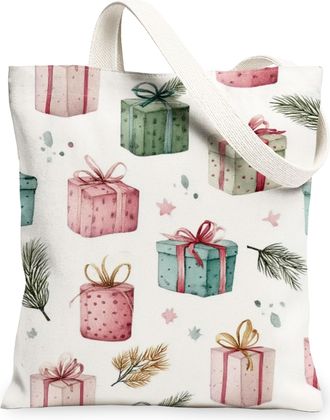 Generic Holiday Gift Pattern Canvas Tote Bags, Reusable Lightweight Washable Shopping Bags, Vintage Artistic Design Eco-Friendly Sh, White, 13x15 Inch