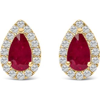 House of Brilliance 10K Yellow Gold 5X3 MM Pear-Cut Ruby and 1/7 Cttw Diamond Halo Stud Earrings at Nordstrom