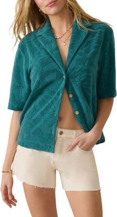 Faherty Cabana Towel Terry Camp Shirt in Emerald Poolside Foliage at Nordstrom Rack, Size Xx-Small