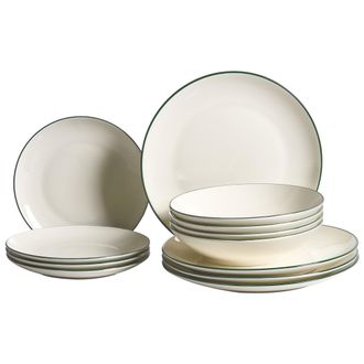 Beliani Vajilla De 12 Piezas De Porcelana Acabado Esmaltado Transparente Con Borde Decorativo Ribete Blanco Crema Y Verde Cumin