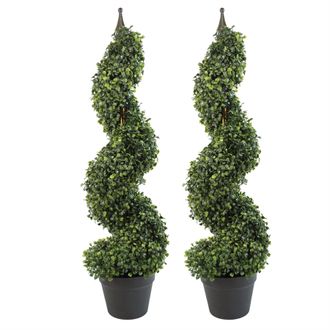 Leaf Pair of 90cm (3ft) Tall Artificial Boxwood Tower Trees Topiary Spiral Metal Top Botanik in Green