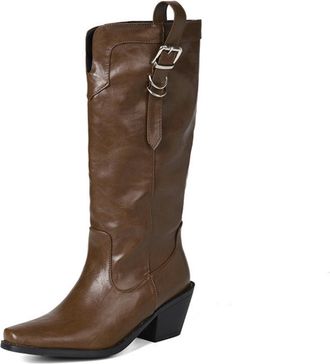 Generic Womens Chunky Heel Knee High Boots Pointed Toe Western Cowboy Boot Pull on Knight Boots with Buckle,Brown,5.5 UK