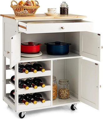 Costway Carro de Cocina Isla de Cocina Carrito Giratorio con Superficie de Madera de Goma Botellero con 3 Niveles para Restaurante Cocina Bar